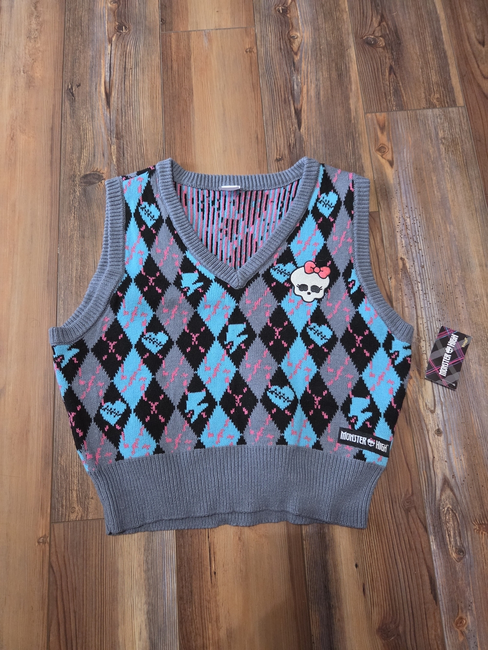 monster high Grey Argyle Knit Vest with Teal & Pink Accents
